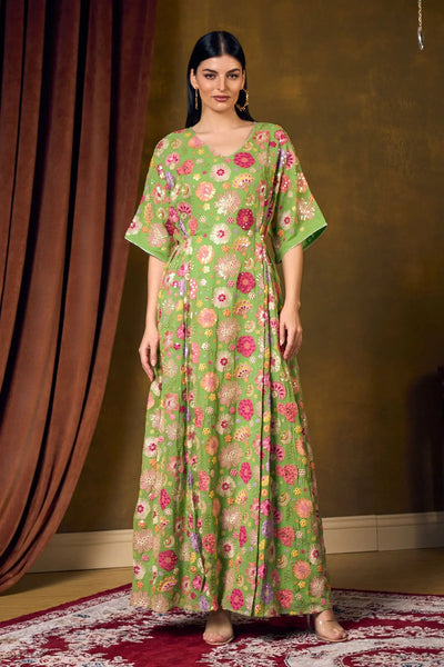 GREEN MIRROR FLORAL KAFTAN DRESSES